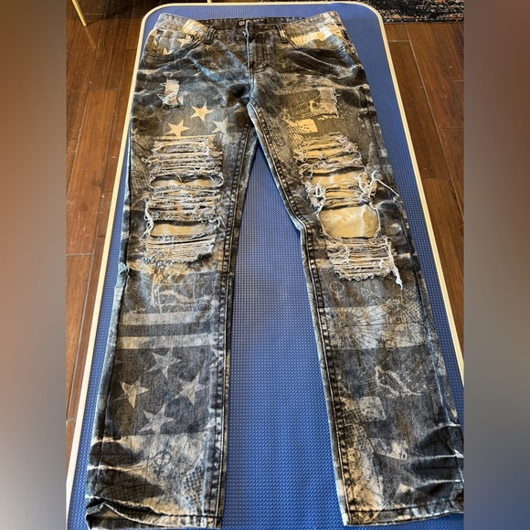 Black Premium Mens Distresses Stars and Stripes Denim Jeans - Picture 1 of 2